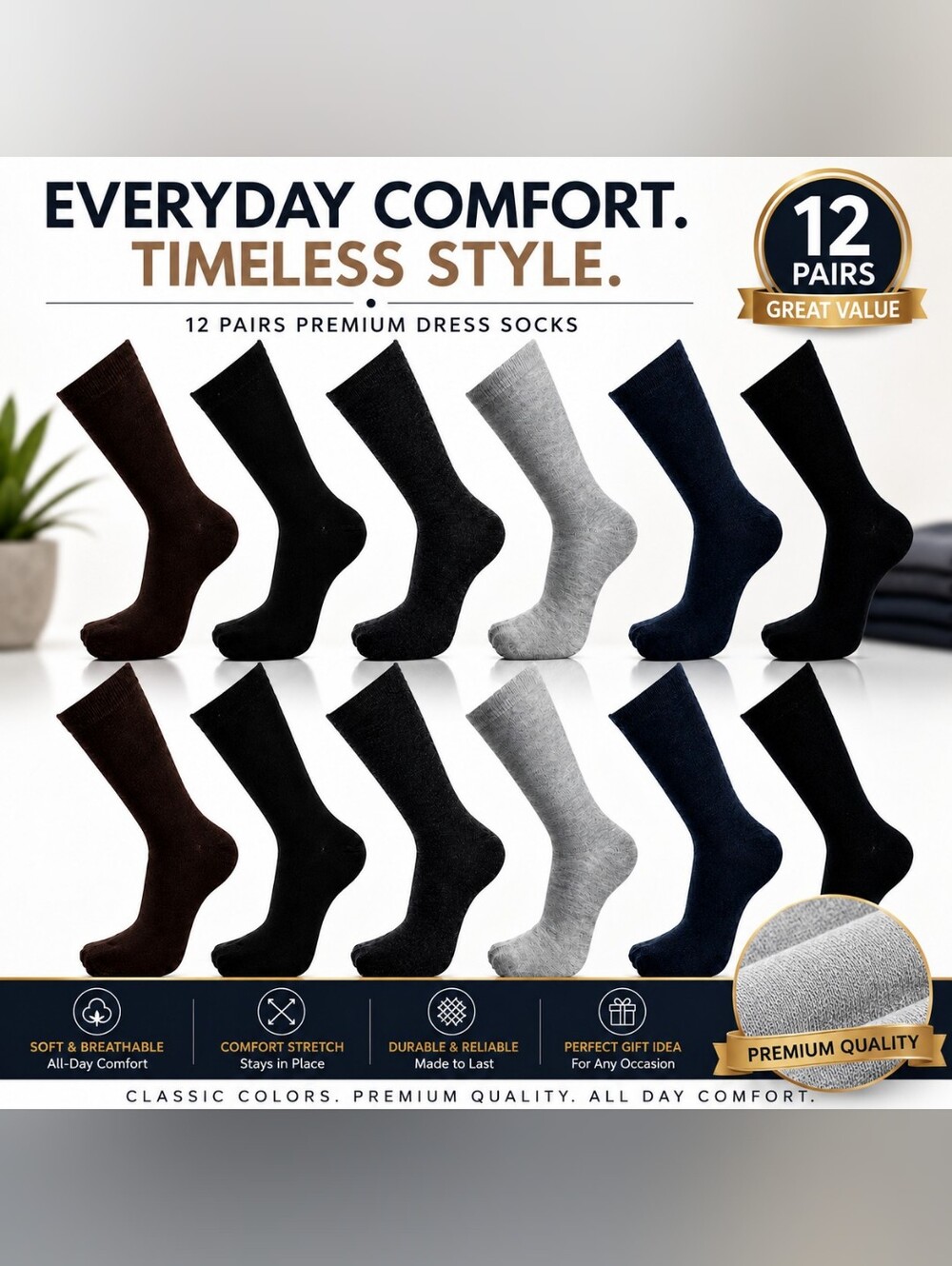 12 Pairs Mens Dress Socks Multi Color Mid Calf Classic Design Cotton Size 10-13